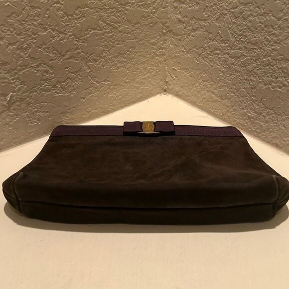 Salvatore Ferragamo Vera Bow Suede Convertible Crossbody Bag Purse Brown Purple - Picture 6 of 13